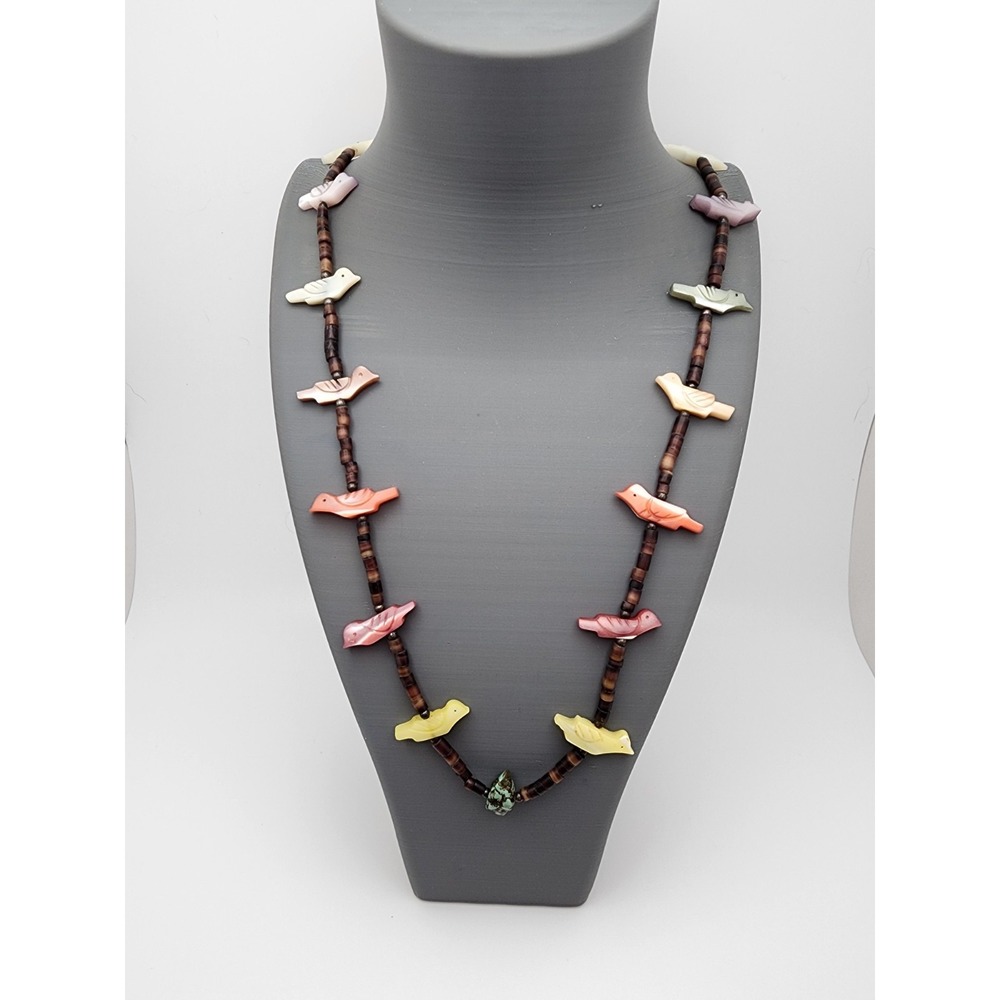 Southwestern Carved Bird Fetish Heishi Bead Necklace Multicolor Boho Turquoise